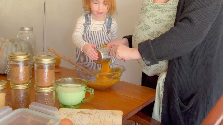 redhead toddler and woman in black sweater and green baby wrap add pumpkin puree into pumpkin pie filling